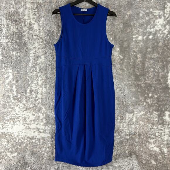 La Clef Maternity Sz L Pleated Stretch Sleeveles Midi A Line Dress Blue Pullover - Picture 1 of 8